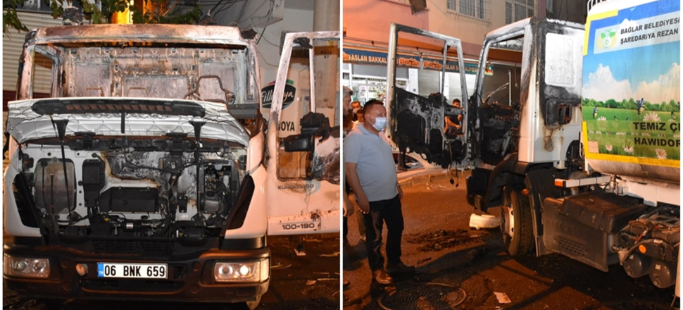 Maskeli saldırganlar çöp kamyonunu ateşe verdi