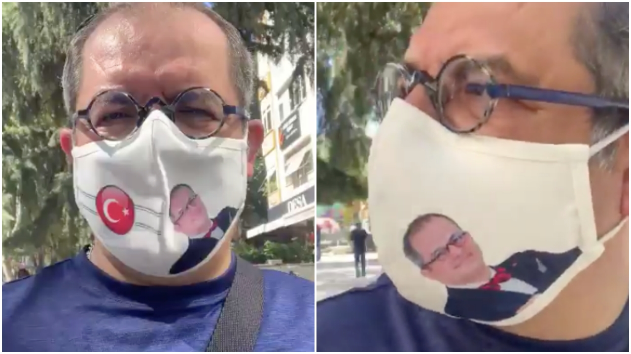 Maskesine kendi fotoğrafını bastırdı