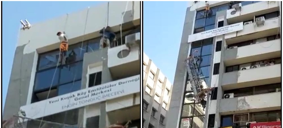 İşçilerin bulunduğu iskelenin halatı koptu