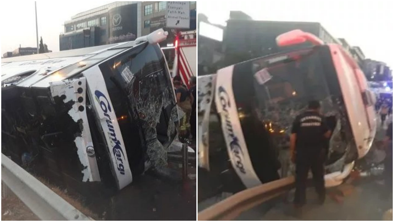 Pendik'te yolcu otobüsü devrildi