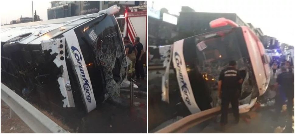 Pendik'te yolcu otobüsü devrildi