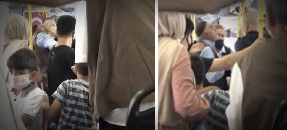 Kağıthane’de halk otobüsünde maskesini yarım takan yaşlı adama kadın tokat attı!