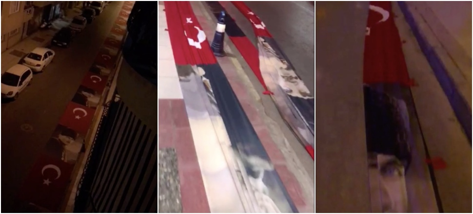Türk bayrağı ile Atatürk posterlerini yola serdiler