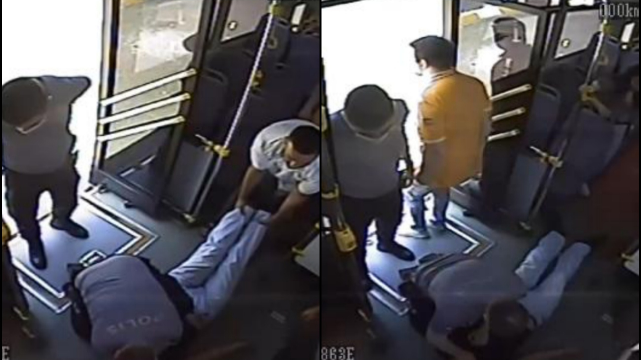 Polisin kalp krizi geçiren yolcuyu kurtarma çabası