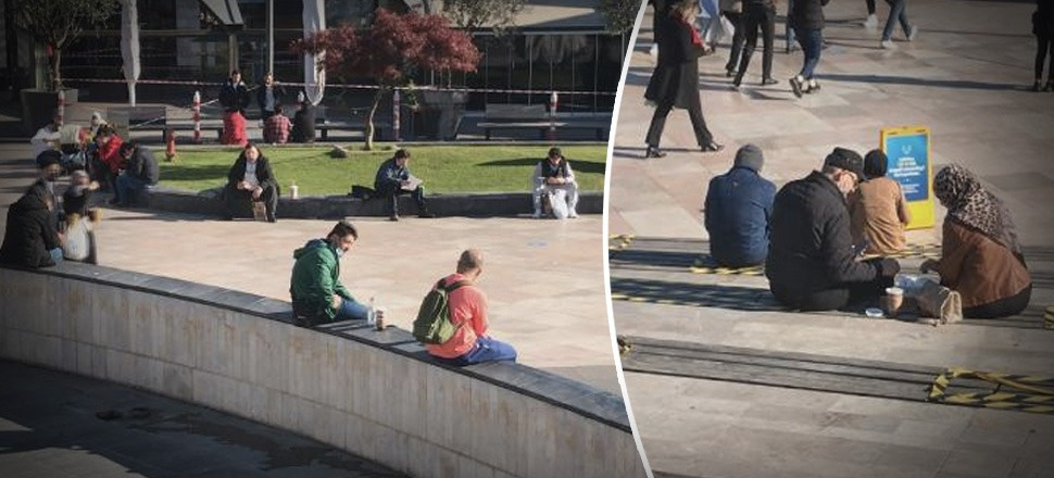 Bu kez de AVM'nin önünde yemek yediler