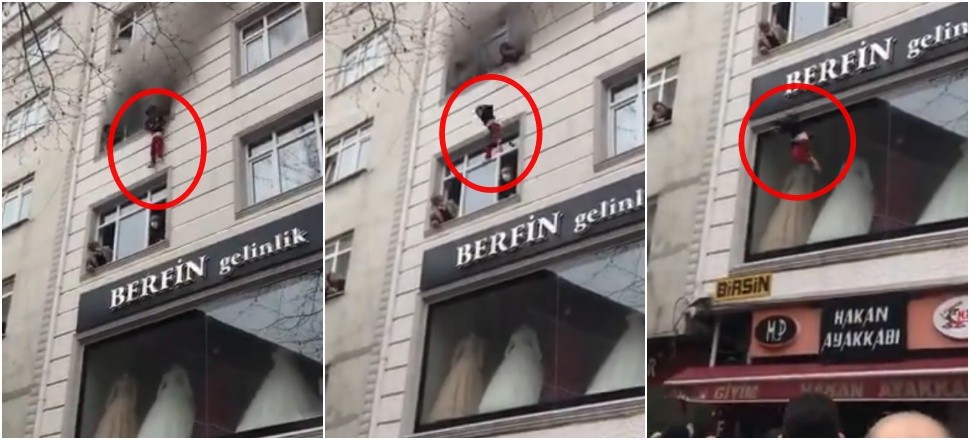 Çocukları camdan aşağı atarak kurtardılar