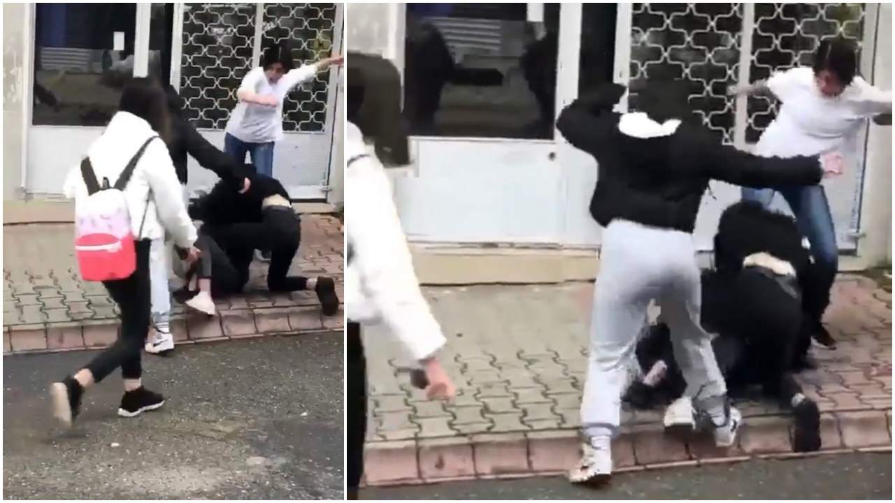 Genç kızı yere yatırıp tekmelediler!
