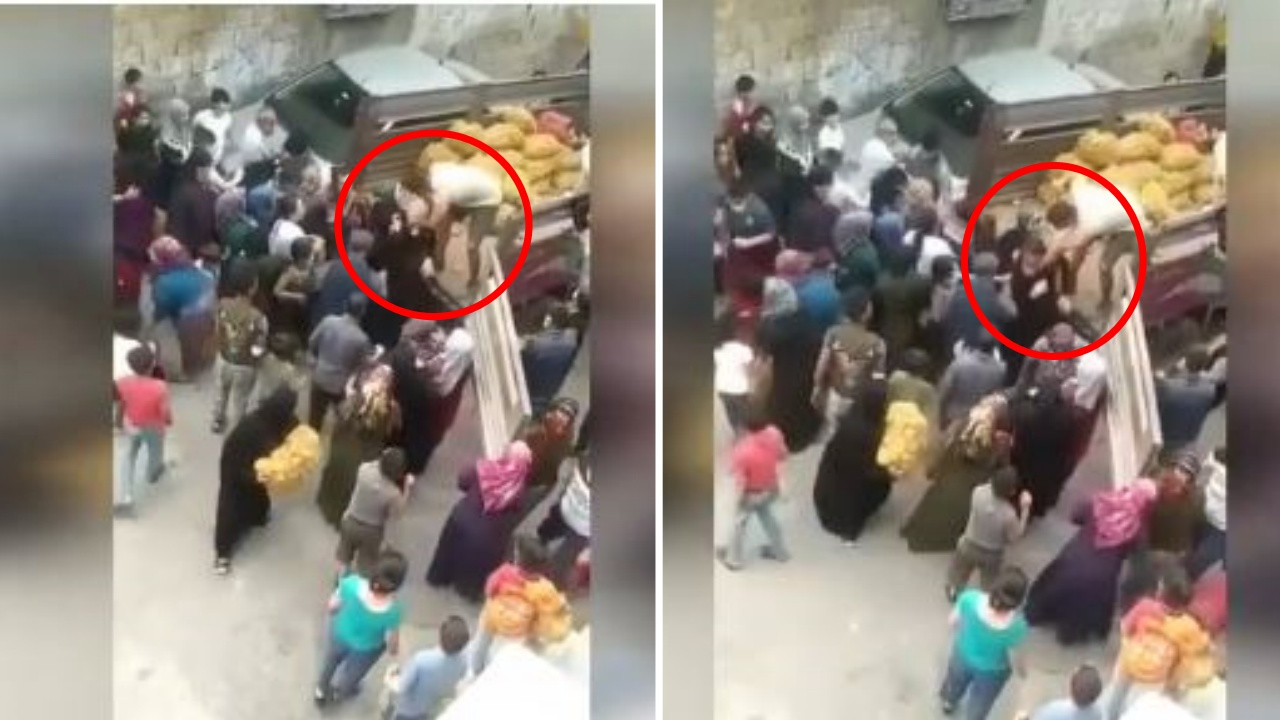 Patates dağıtımında bir gencin boğazını sıkan kişiye tepki yağıyor!