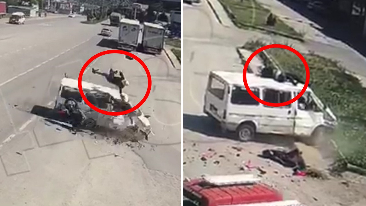 Korku dolu anlar: Motosikletten fırladı, minibüsün üstüne düştü