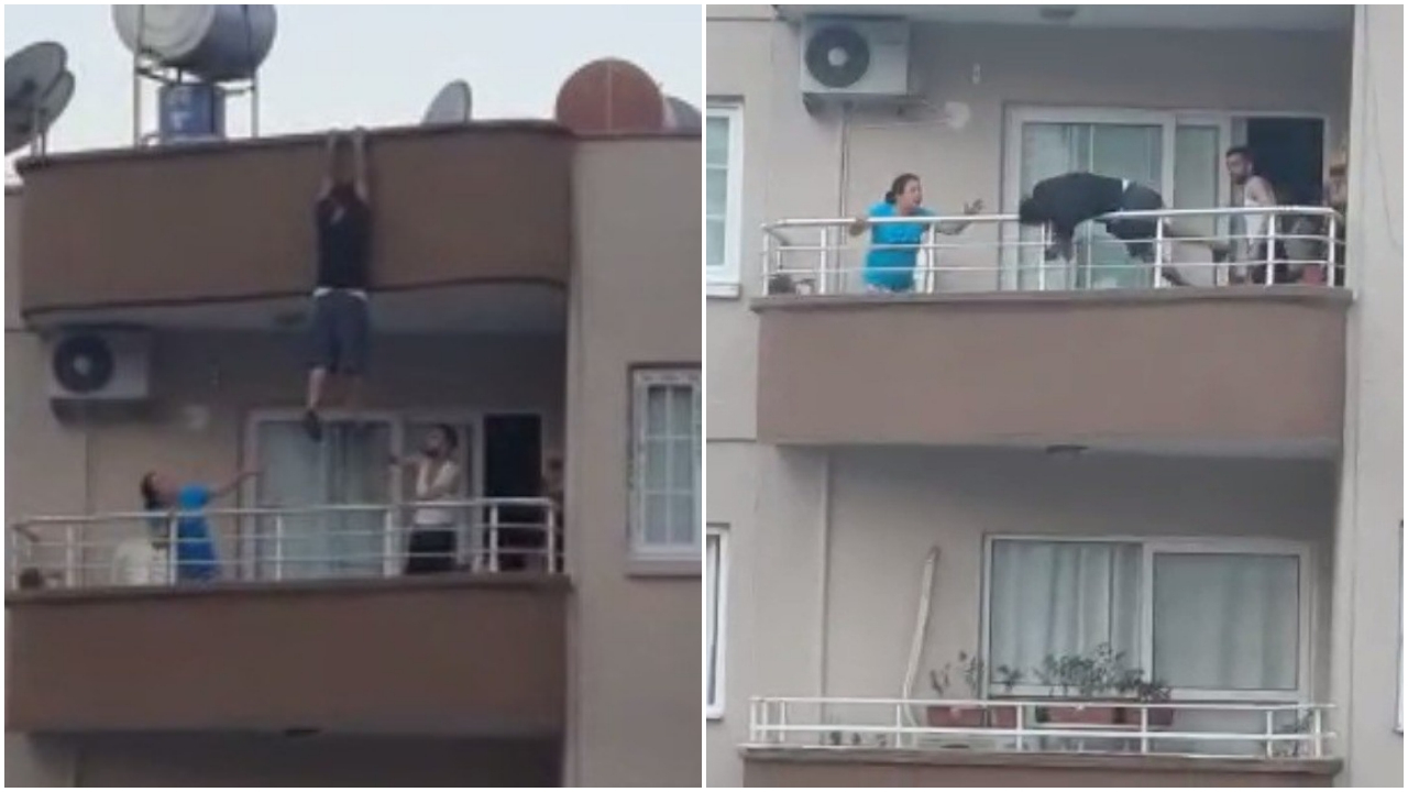 Asılı kaldığı çatıdan balkona düştü