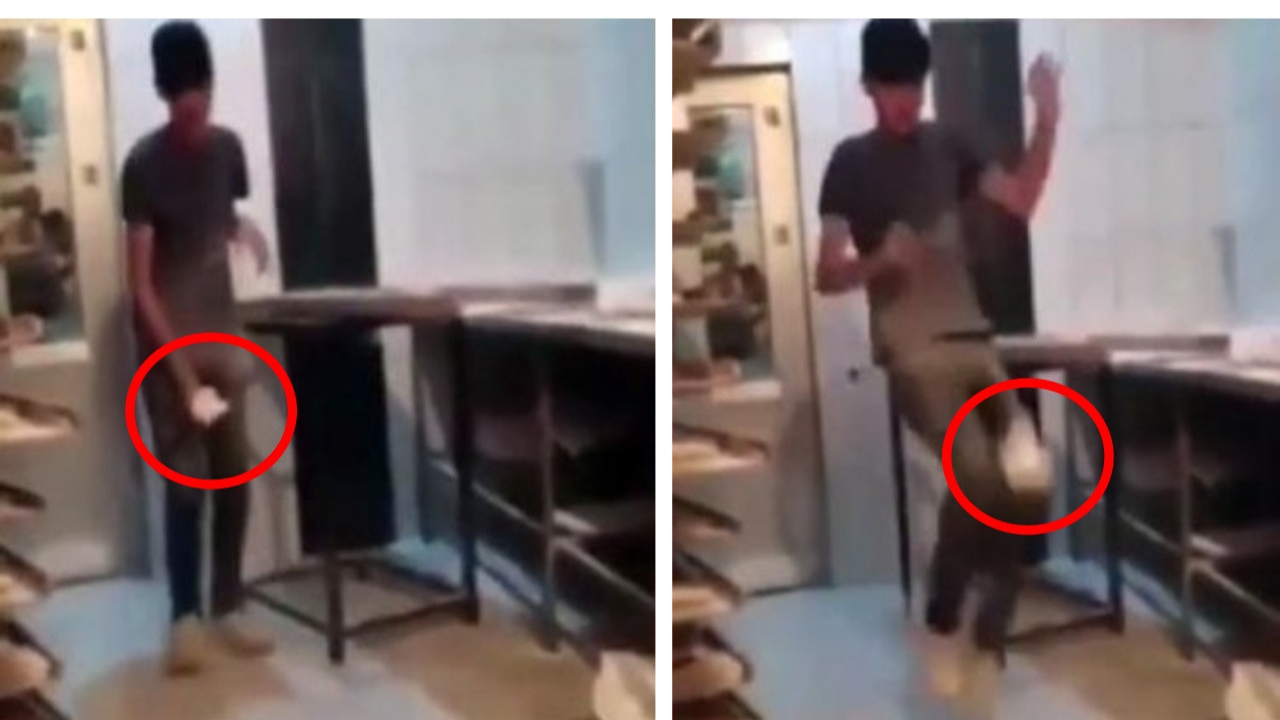 Fırında skandal görüntüler: Ekmek hamurunu defalarca tekmeledi!