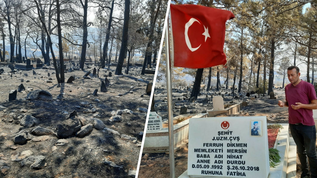 Tüyleri diken diken eden olay: Yangında zarar gören mezarlıkta şehit kabri ve Türk bayrağı yanmadı!