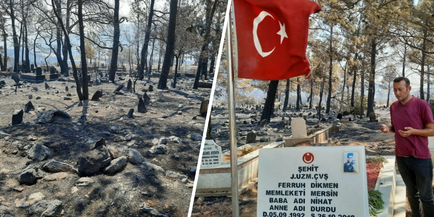 Tüyleri diken diken eden olay: Yangında zarar gören mezarlıkta şehit kabri ve Türk bayrağı yanmadı!