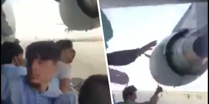 Uçağın kanadına binen Afganlardan kahreden video: Geride kalanlara el salladılar...