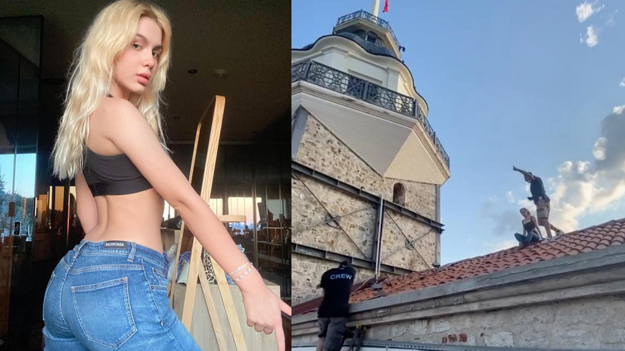 Aleyna Tilki klip çekmek için Kız Kulesi'nin çatısına çıktı