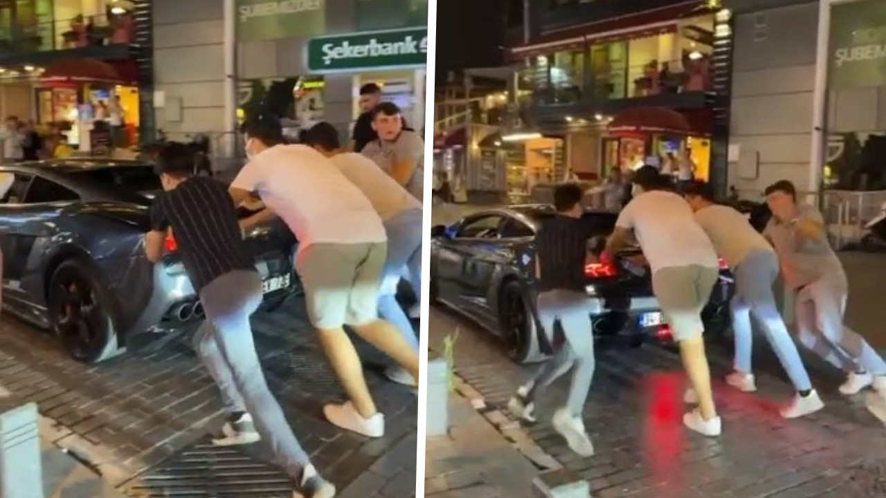 Pendik'te şaşırtan görüntü: Vatandaşlar Lamborghini marka süper lüks otomobili böyle itti!