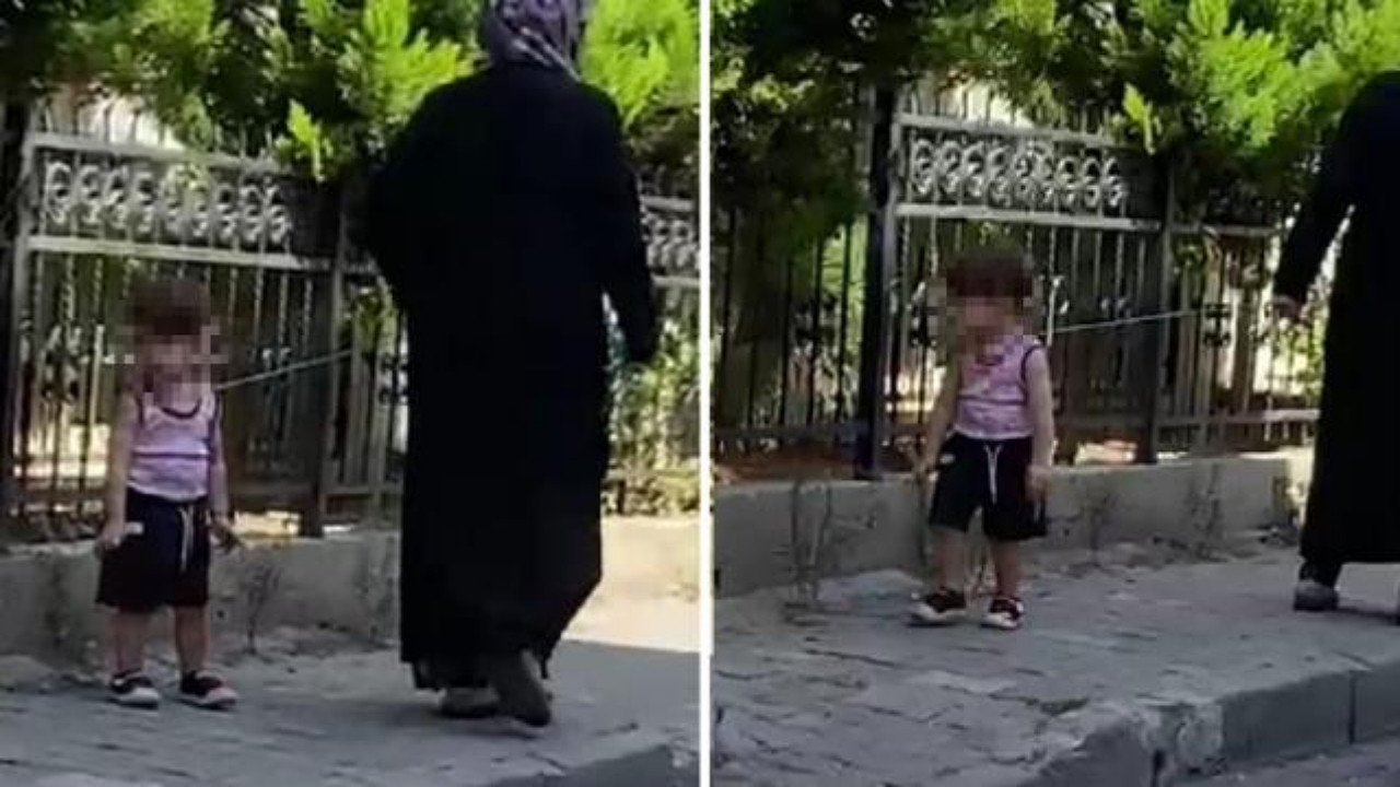 Sokak ortasında tepki çeken anlar: Çocuğunun beline ip bağlayıp gezdirdi!