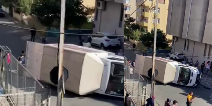Ümraniye’de kamyonet devrildi, anne ve kızları son anda kurtuldu