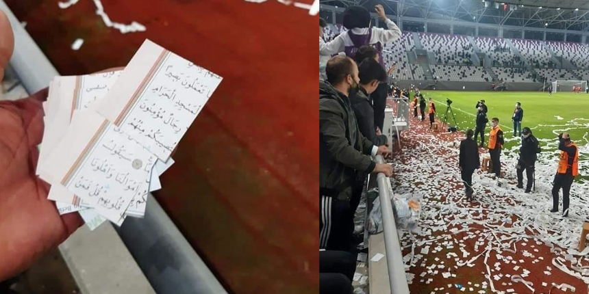 Futbol maçında büyük skandal: Kur'an-ı Kerim sayfalarından konfeti yapıp sahaya attılar