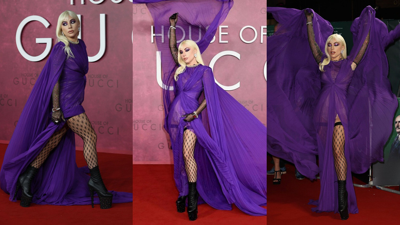 Lady Gaga derin yırtmaçlı cesur kıyafetiyle 'House of Gucci'nin galasına damga vurdu