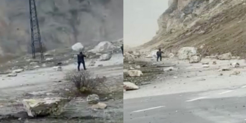 Erzurum'daki depremde dev kayalar yola düştü