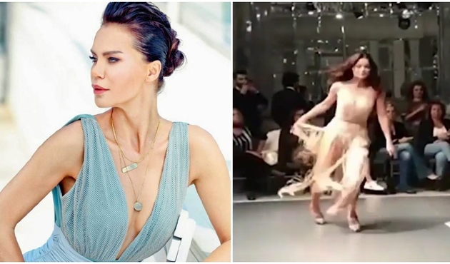 Ebru Şallı "çıplak fotoğraf" sonrası çıktığı ilk defilede az daha düşüyordu! / VİDEO