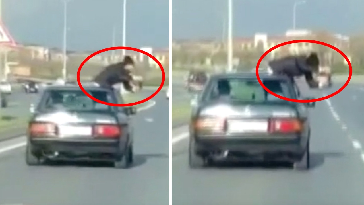 Trafikte yürekleri ağza getiren anlar! Vücudunun yarısını araçtan dışarı sarkıttı...