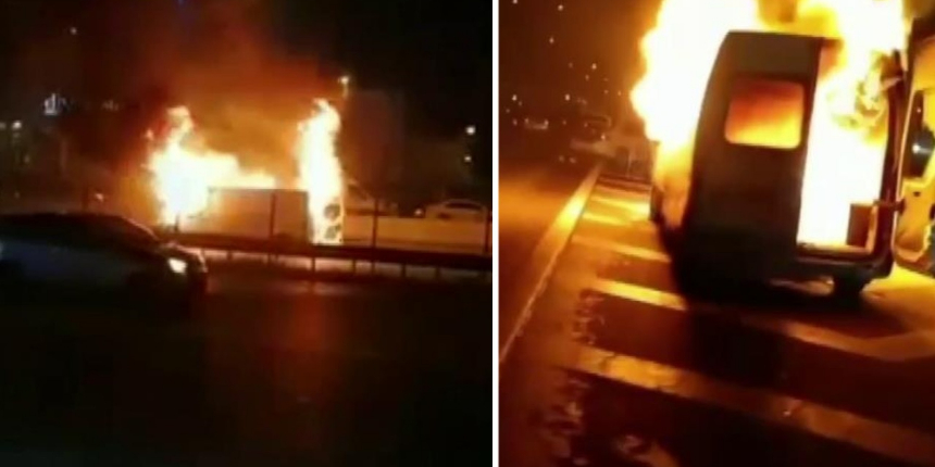 Pendik’te alev alev yanan minibüs hurdaya döndü!