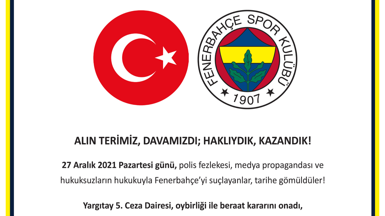 Fenerbahçe'den ulusal gazetelere tam sayfa "Alın terimiz, davamızdı; haklıydık, kazandık" ilanı
