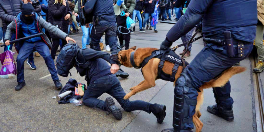 Hollanda'da polis köpeğinin ısırdığı göstericiyi polisler copladı!