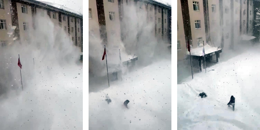Çatıdan kar kütlesi düştü! Üniversitelilerin ölümden döndüğü anlar kamerada