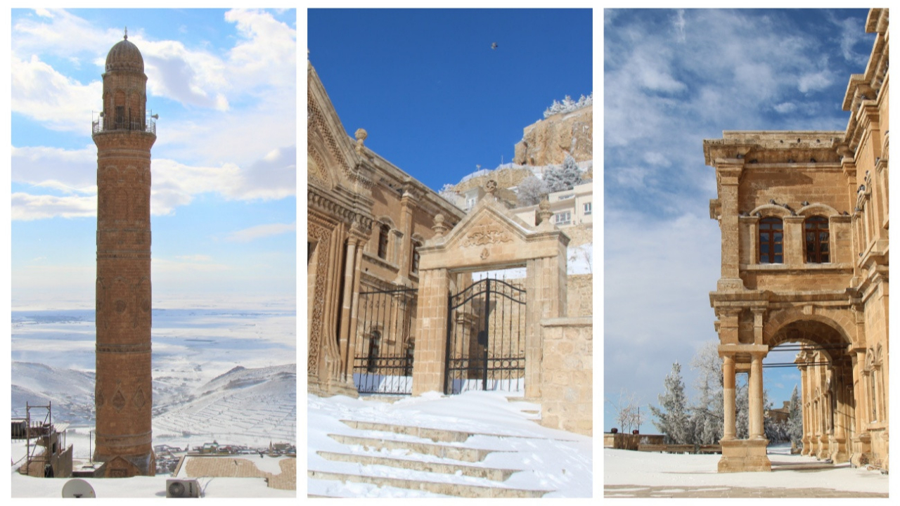 Tarihi mekanlar beyaz örtü ile kaplandı... Mardin'den büyüleyen kar manzaraları