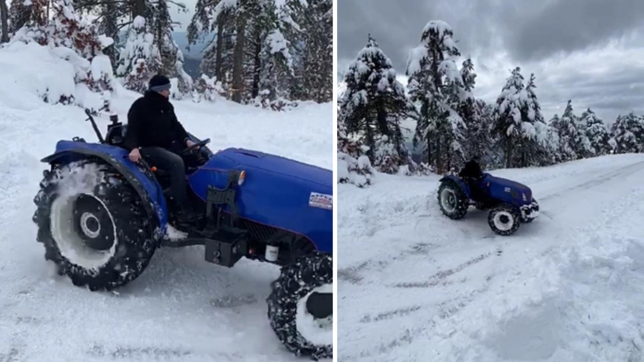 Hataylı çiftçiden ilginç kar sevinci: Traktörüyle karlı kaplı yaylada drift yaptı!