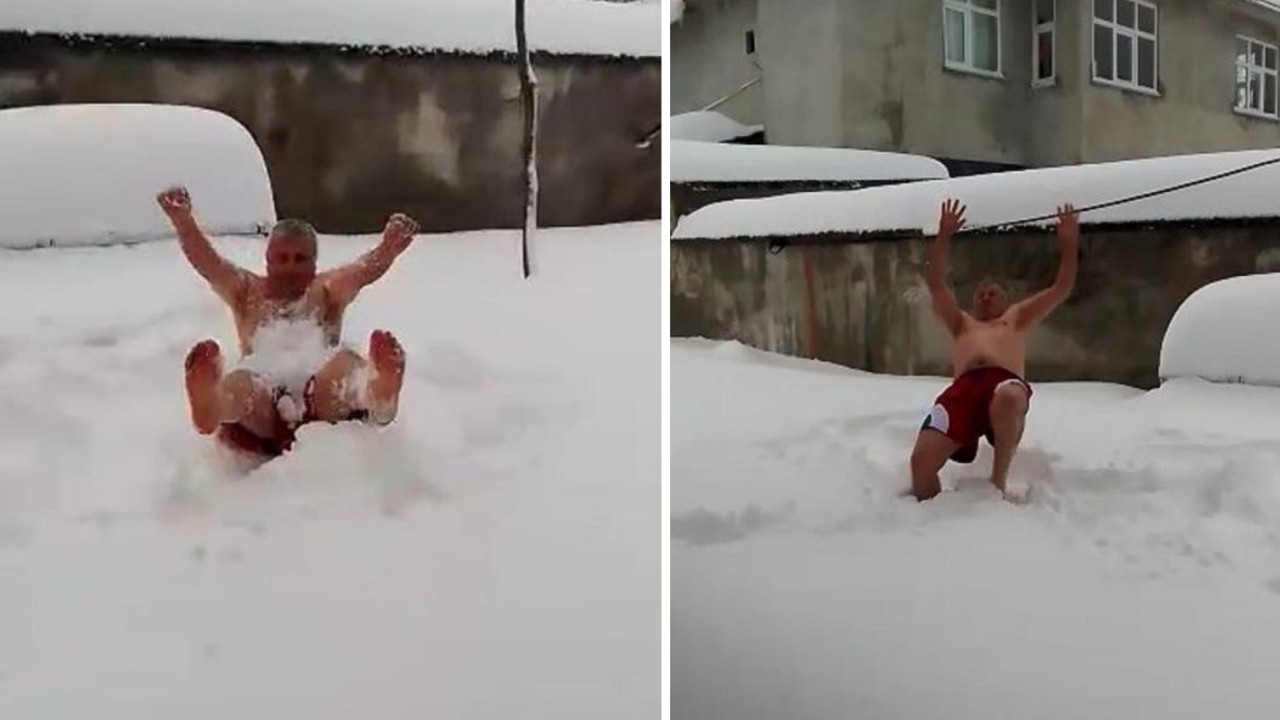 "Kar benim yatağım" diyen vatandaş elbiselerini çıkarıp karın içine atladı!