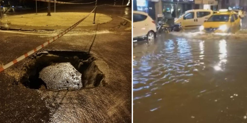 Sağanak, İzmir'de hayatı felç etti: Ev ve iş yerlerini su bastı, yol çöktü