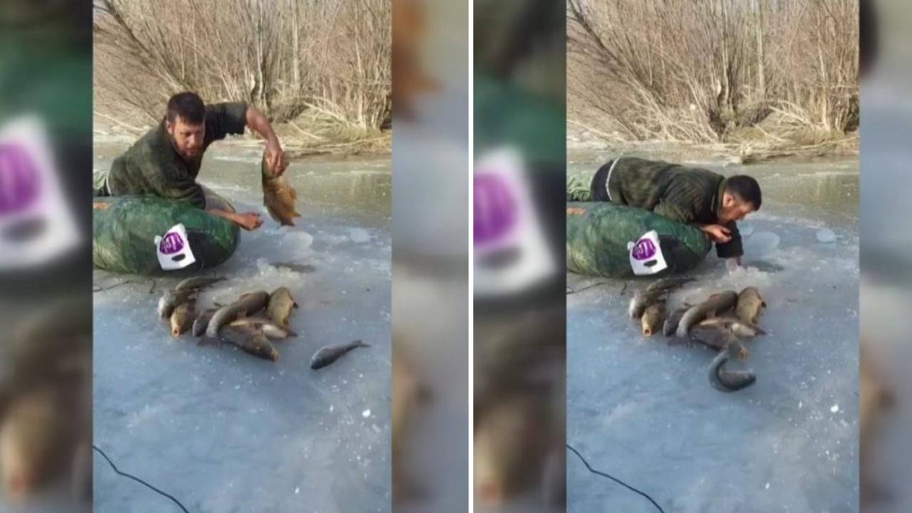 Eksi 20 derecede yaptıkları şoke etti: Çıplak elle buz altından balık çıkardılar! İşte o anlar...