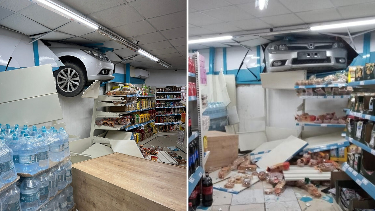 Fren yerine gaza bastı, marketin içine daldı: Ortalık savaş alanına döndü!