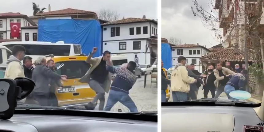 Taksici ile minibüsçü birbirine girdi! Yumruk yumruğa kavga kamerada