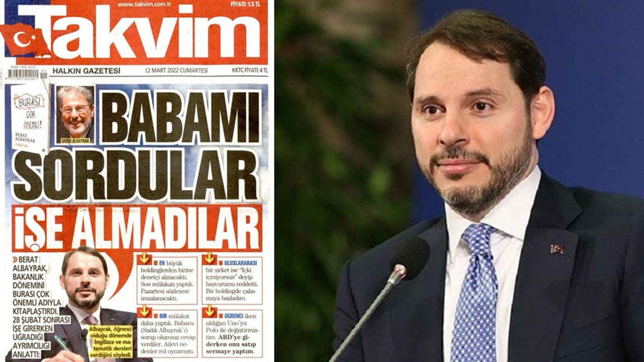 Takvim gazetesinde tam sayfa Berat Albayrak manşeti