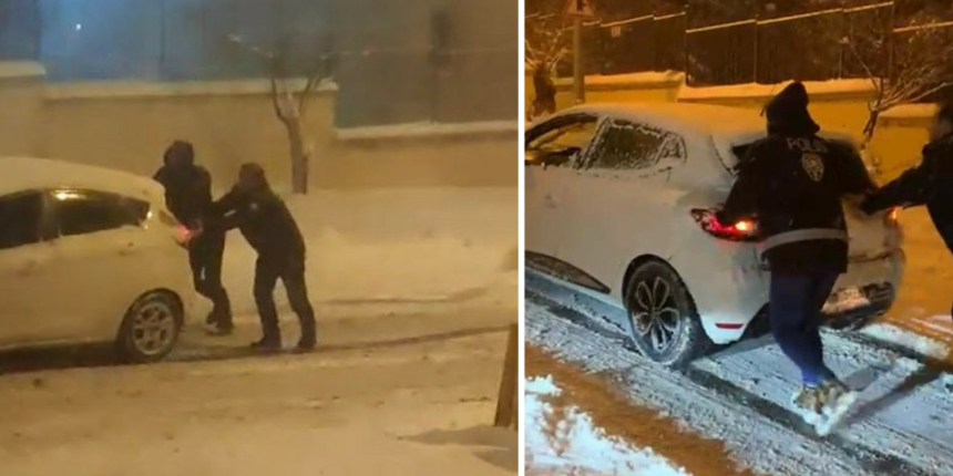 Yolda mahsur kalan sürücülerin imdadına polisler yetişti