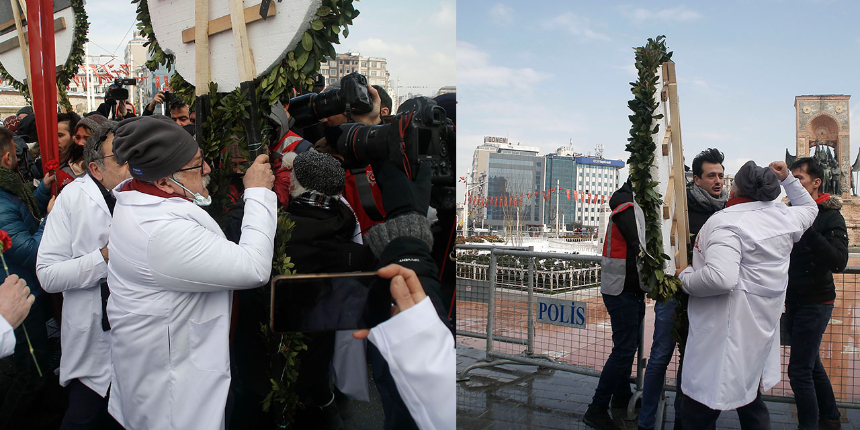 Taksim'de çelenk bırakmak isteyen doktorlara polis müdahalesi