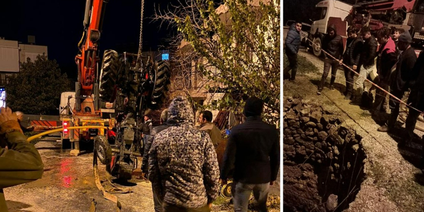 12 metre derinliğindeki kuyuya traktörle birlikte düştü, yüzerek çıktı
