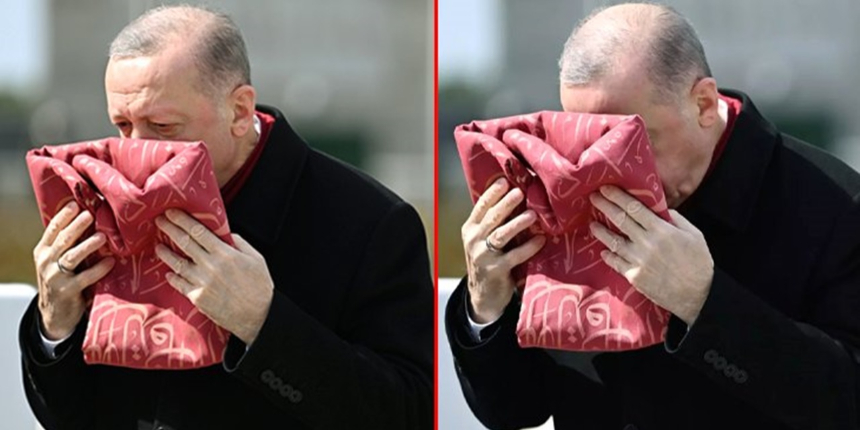 Cumhurbaşkanı Erdoğan, Çanakkale Zaferi'nin Anma Töreni'nde sancağı öpüp başına koydu