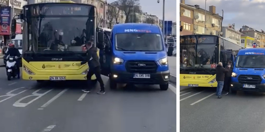 İETT şoförü ile kargocunun yol verme kavgası kamerada!