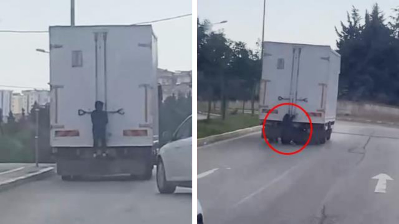 Seyir halindeki kamyonetin arkasına tutunan çocuk ölümden döndü!