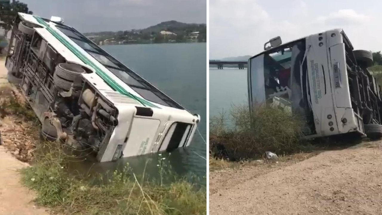 Yol çöktü, otobüs göle devrildi