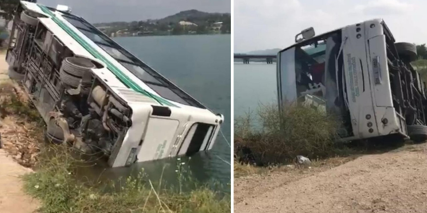 Yol çöktü, otobüs göle devrildi