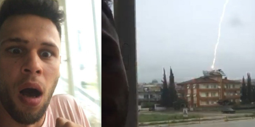 Binanın üzerine yıldırım düştü! O anlar kamerada...
