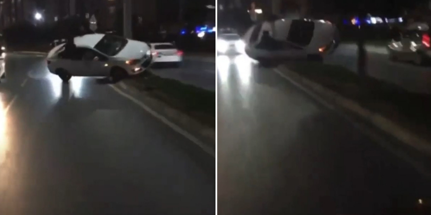Asker konvoyunda korku dolu anlar: Araç, refüje çarparak takla attı!