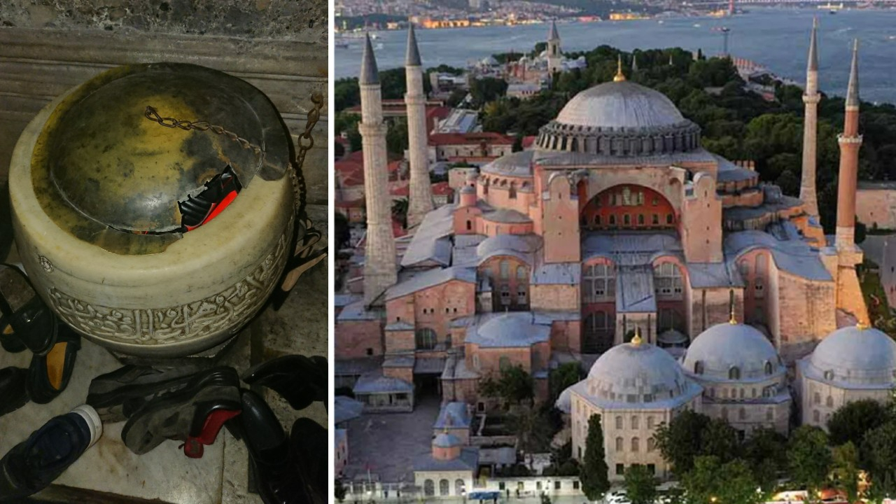 Ayasofya'da yeni tahribat iddiası: Tarihi su haznesine ayakkabı koydular!
